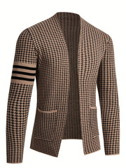 A slim-fit men's houndstooth knit cardigan featuring long sleeves with black contrast stripes.