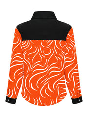 Women's Elegant Striped Button-Front Blouse - Orange & Black Contrast Design, Semi-Sheer Long Sleeve Shirt, Machine Washable All-Season Top for Casual & Formal Wear, Contrast Color Design, Structured Turndown Collar