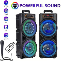 A portable dual 8.5-inch speaker system with RGB lights, a microphone, and remote control.