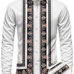 Men'S Long Sleeve Ethnic Style Shirt - Vibrant Turquoise with Black & Golden Floral Pattern, Button-Up Collar, Non-Stretch Fabric, Perfect for Spring/Fall Casual Wear, Spring Fashion Shirt | Floral Pattern Shirt | Nonstretch