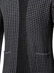 A slim-fit men's knit cardigan featuring a grey and black houndstooth pattern with solid trim.