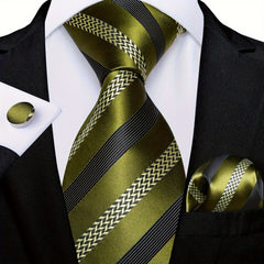 Men's Green Striped Silk Tie Set with Pocket Square, Hanky, and Cufflinks - Herringbone Pattern, Ideal for Weddings and Formal Events