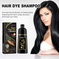 A bottle of EELHOE black hair dye shampoo next to its packaging box and a woman with long black hair.