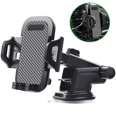 A universal car phone holder with a carbon fiber pattern, suction cup base, and air vent mount.