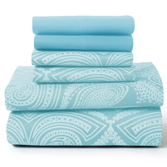A six-piece set of light blue microfiber sheets featuring a white paisley pattern.