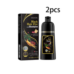 Two bottles of EELHOE black hair dye shampoo with packaging featuring ginseng and herbal imagery.