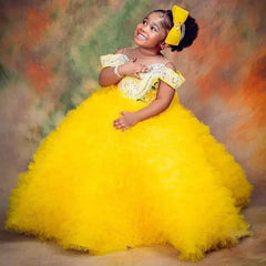 Yellow Golden Flower Girl Dresses for Wedding Customized Bead Ball Gown Kids Birthday Party Gowns Crystal Toddler Pageant Wears