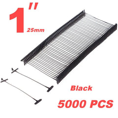 A pack of 5000 black plastic clothing fasteners measuring one inch or 25 millimeters in length.