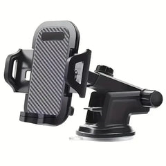 A black universal car phone holder with a suction cup mount and carbon fiber patterned back.