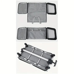 A grey foldable pet trolley carrier with mesh sides and a wheeled base with a pull handle.