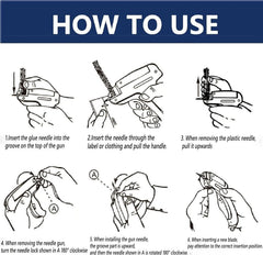 A six-step instructional diagram showing how to load and operate a handheld clothing stitch gun.