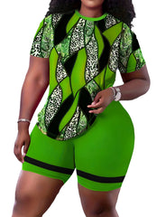 Plus Size New Morning Exercise Clothes, Casual Outfits Set, Women's Leopard Print Short Sleeve Top & Biker Shorts 2 Piece Suit SHOWLU FASHION STORE