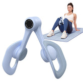 A blue MERACH thigh and pelvic floor muscle trainer shown in isolation and during use.