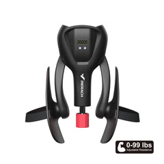 A black Merach thigh trainer with a digital display and an adjustable red resistance knob.