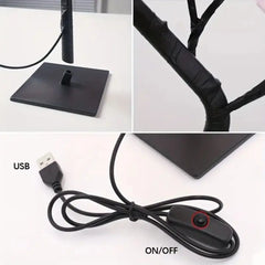 A black rose tree lamp with a square base, adjustable branches, and a USB power cord with a switch.