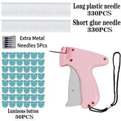 A pink clothing tagging gun with plastic fasteners, metal needles, and bear-shaped buttons.