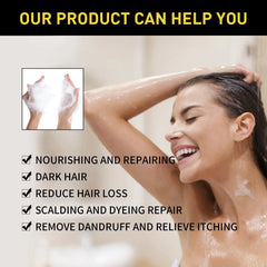 A woman smiling while washing her hair with EELHOE black hair dye shampoo.