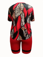 Plus Size New Morning Exercise Clothes, Casual Outfits Set, Women's Leopard Print Short Sleeve Top & Biker Shorts 2 Piece Suit SHOWLU FASHION STORE