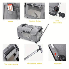 A grey portable pet trolley case with a telescoping handle, mesh windows, and detachable wheels.
