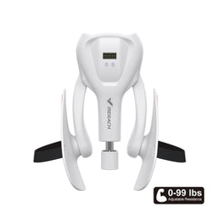 A white Merach thigh and pelvic floor trainer with an adjustable resistance dial and digital display.
