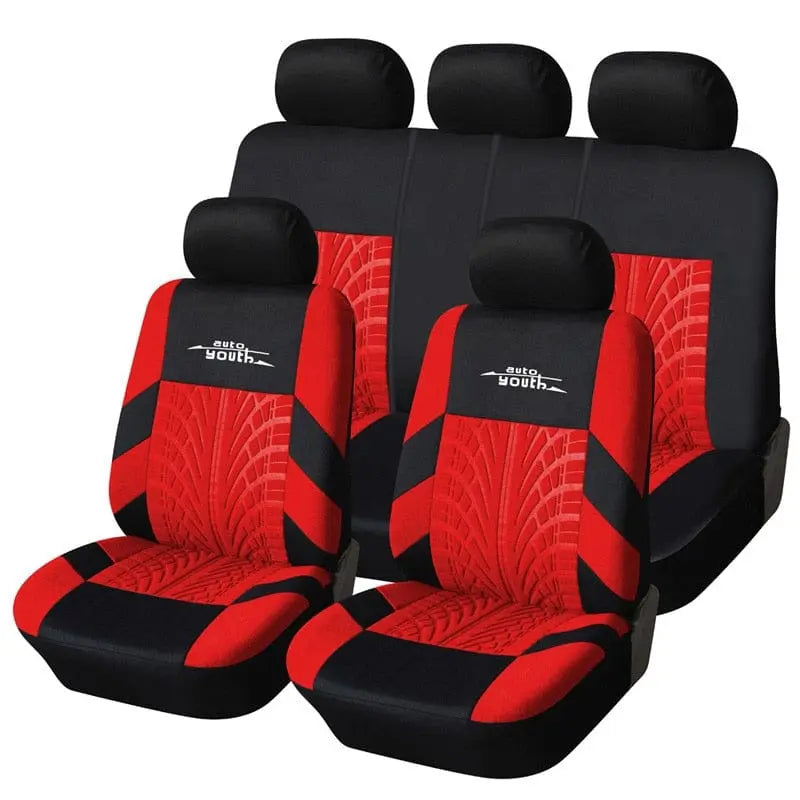 AUTOYOUTH Fashion Tire Track Detail Style universal car seat covers in black and red, made from durable polyester. Features patterned red center panels and fits most front and back vehicle seats.