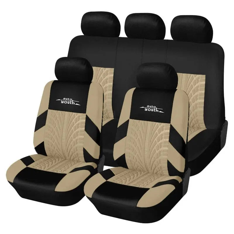 AUTOYOUTH Fashion Tire Track Universal Car Seat Covers in black and beige fit most vehicles, including front and rear seats. Made from durable polyester with patterned beige inserts and headrest covers for full protection.