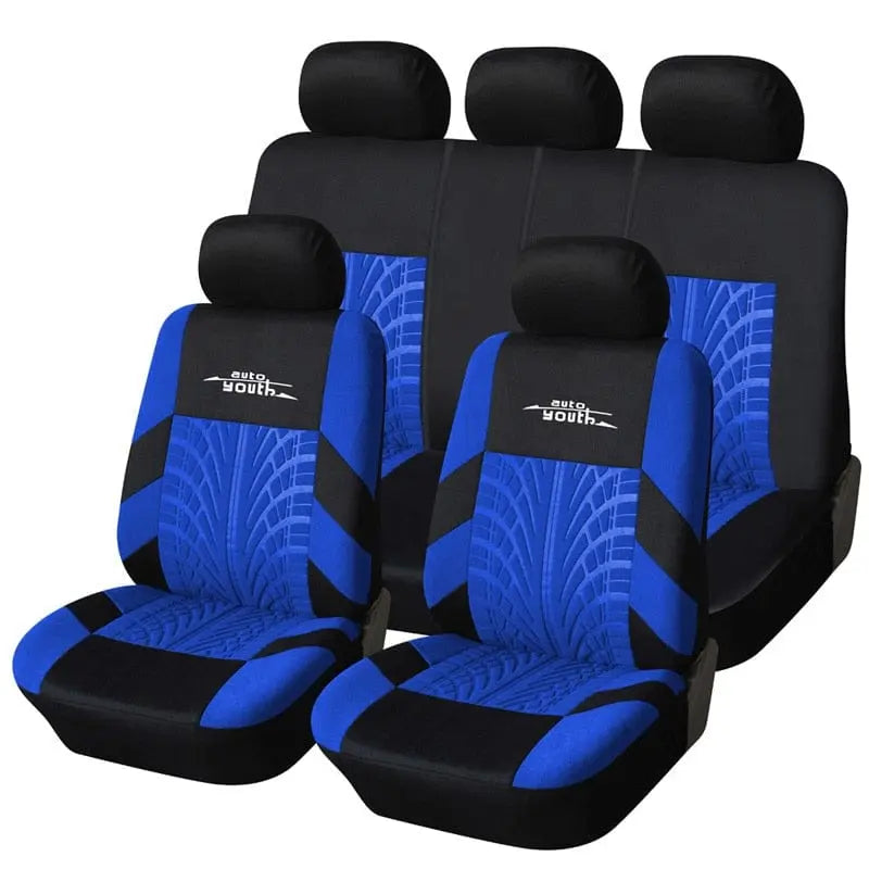 The AUTOYOUTH Fashion Tire Track Detail Style Universal Car Seat Covers fit most vehicles, featuring a black and blue tire tread pattern for front and back seats. Made from durable polyester fabric for lasting protection.
