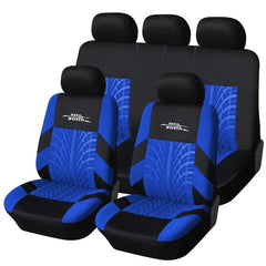 The AUTOYOUTH Fashion Tire Track Detail Style Universal Car Seat Covers fit most vehicles, featuring a black and blue tire tread pattern for front and back seats. Made from durable polyester fabric for lasting protection.