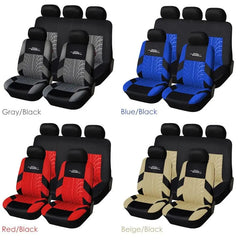 AUTOYOUTH Fashion Tire Track Style Universal Car Seat Covers are shown in gray/black, blue/black, red/black, and beige/black. Each polyester set fits most vehicles and includes front and rear covers against a white background.