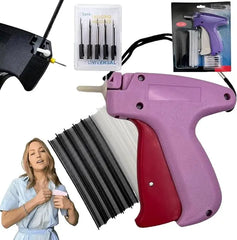 A purple micro stitch tagging gun with replacement needles and fasteners for clothing repairs.