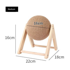 A medium-sized cat scratching toy featuring a sisal rope ball mounted on a solid wood frame.