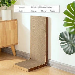 An L-shaped cat scratching board with a solid wood frame and textured cardboard surface.