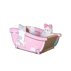 A pink bathtub-shaped cardboard cat scratcher featuring cartoon cat illustrations.