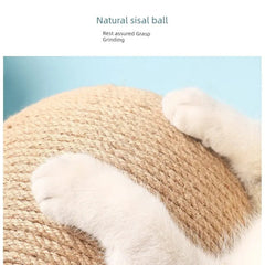 A cat's white paws rest on a round, textured sisal rope scratching ball.