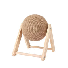 A sisal rope ball mounted on a wooden A-frame stand for cats to scratch and play with.