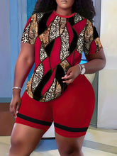 Plus Size New Morning Exercise Clothes, Casual Outfits Set, Women's Leopard Print Short Sleeve Top & Biker Shorts 2 Piece Suit SHOWLU FASHION STORE