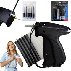 A clothing tagging gun set with replacement needles and black and white plastic fasteners.