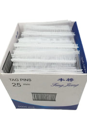 A box of 5000 white 25mm plastic tag pins for clothing tagging guns.