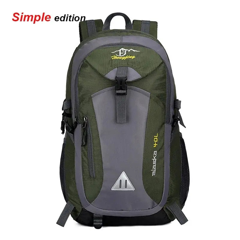 A green and gray Anti-theft Mountaineering Waterproof Backpack with black straps, mesh side pockets, yellow "alaska 40L" text, multiple zippers and buckles—ideal for men’s hiking, camping, riding, or travel.