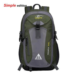A green and gray Anti-theft Mountaineering Waterproof Backpack with black straps, mesh side pockets, yellow "alaska 40L" text, multiple zippers and buckles—ideal for men’s hiking, camping, riding, or travel.