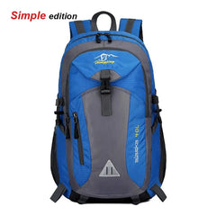 A blue and gray "Anti-theft Mountaineering Waterproof Backpack" for men with multiple zippered pockets, black straps, a top handle, “alaska 40L” on the front, “Simple edition” at the top left, and large capacity for outdoor use.