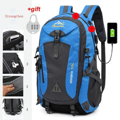 The Anti-theft Mountaineering Waterproof Backpack for men features 40L capacity, blue/black nylon, multiple compartments, USB and headphone ports, bonus lock. Close-up images show zipper pocket, mesh pocket, and reinforced stitching.