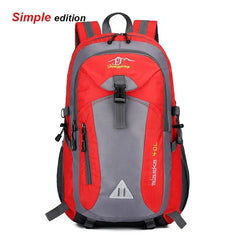A large-capacity Anti-theft Mountaineering Waterproof Backpack for men with red and gray nylon, black straps/zippers, front buckle, mesh side pockets, "Alaska 40L" and "Simple edition" text on the front—ideal for travel, hiking, or camping.