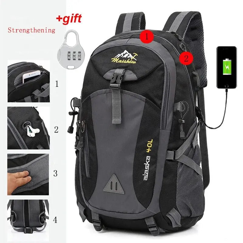 The Anti-theft Mountaineering Waterproof Backpack for men offers a large 40L capacity, multiple compartments, lock gift, USB port, headphone port, reinforced straps, and breathable padding. Four close-up insets showcase these features.