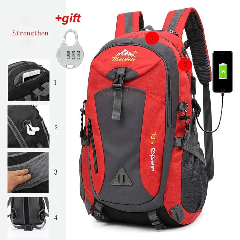 The Anti-theft Mountaineering Waterproof Backpack features red and gray nylon, multiple compartments, USB charging port, adjustable straps, lock gift, side pockets, sturdy zippers, reinforced straps, back padding, and large capacity for outdoor camping and hiking.