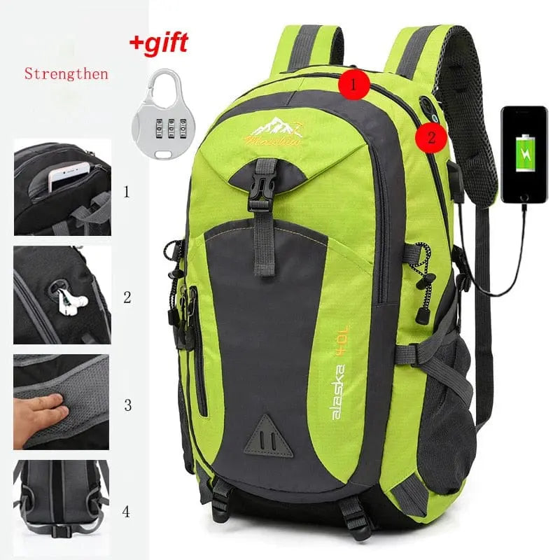 Anti-theft Mountaineering Waterproof Backpack for men features multiple compartments, lock, USB charging port, sturdy strap, pocket and zipper close-ups. Ideal large capacity bag for camping, hiking, climbing. Text: +gift and Strengthen.
