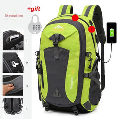 Anti-theft Mountaineering Waterproof Backpack for men features multiple compartments, lock, USB charging port, sturdy strap, pocket and zipper close-ups. Ideal large capacity bag for camping, hiking, climbing. Text: +gift and Strengthen.