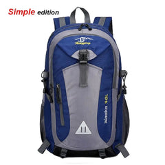 The Anti-theft Mountaineering Waterproof Backpack is a blue and gray men's 40L nylon hiking bag with black straps, zippered compartments, side mesh pockets, and "Simple edition" in the top left corner—ideal for outdoor camping or travel.
