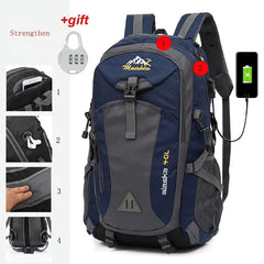 The Anti-theft Mountaineering Waterproof Backpack for men features multiple compartments, side pockets, padded straps, USB charging port, lock, and keychain. Four left-side close-up images showcase its large capacity and detailed features.