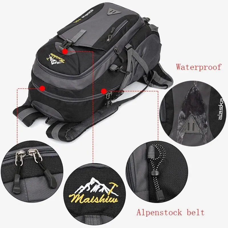 The Anti-theft Mountaineering Waterproof Backpack features large capacity, zippered pockets, waterproof nylon, and an alpenstock belt. Close-up insets highlight each feature—ideal for men's outdoor camping, climbing, hiking, and travel.